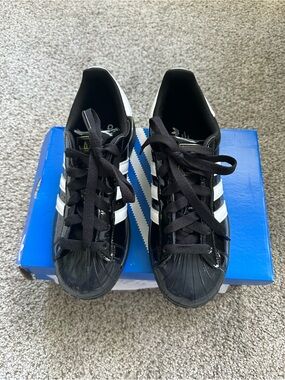 adidas Black & White Patent Leather Shell Toe Sneakers